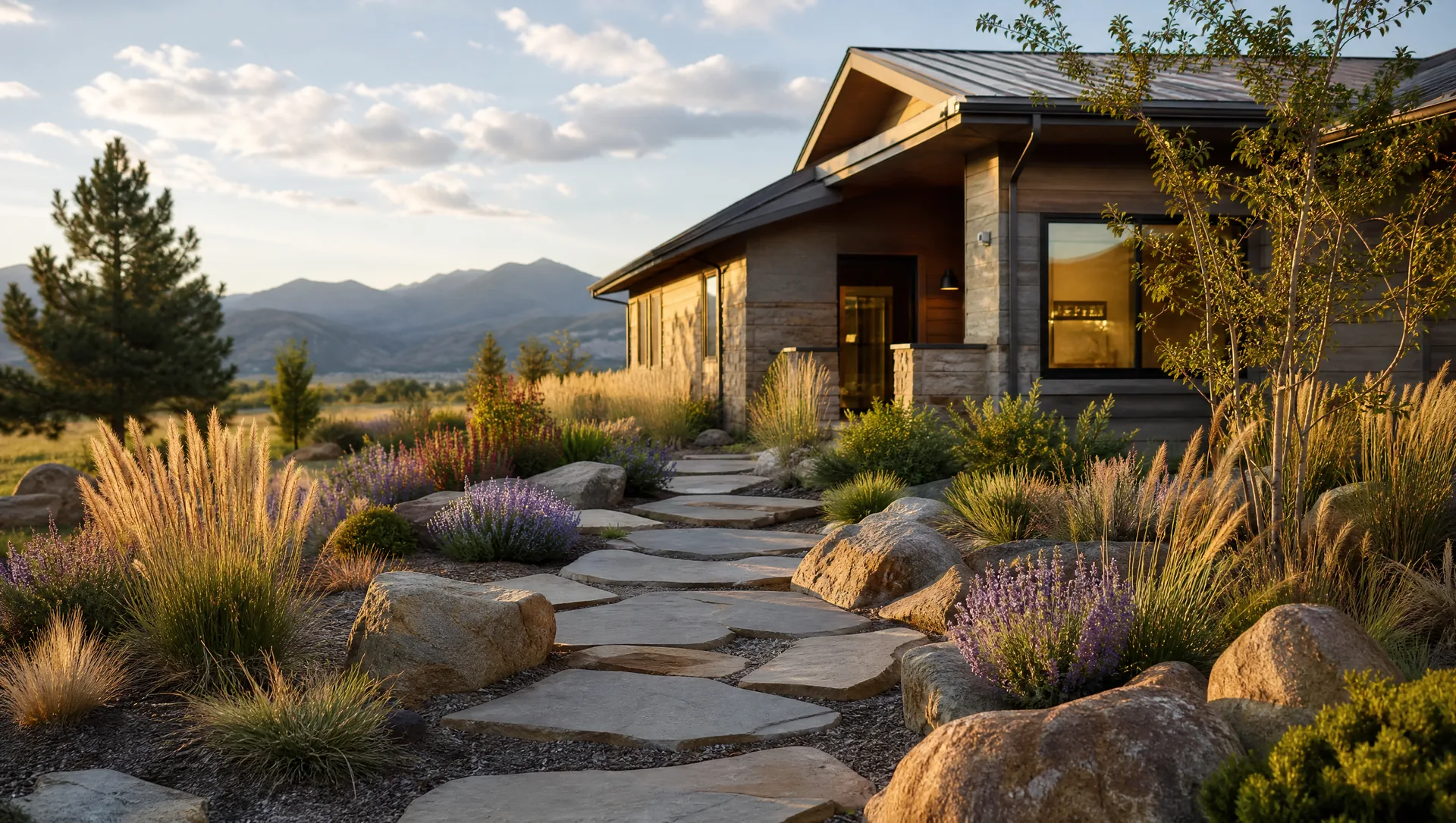 Designed water-wise front yard with native grasses and a flagstone path at golden hour