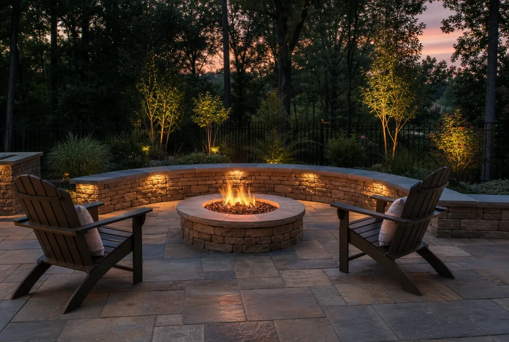 Flagstone patio with a fire pit at dusk