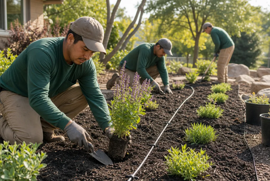 Crew planting perennials and laying drip line